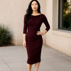Victoria's Secret Burgundy Dress XS Cowl Neck Ruched Bodycon Midi 3/4 Sleeve‎